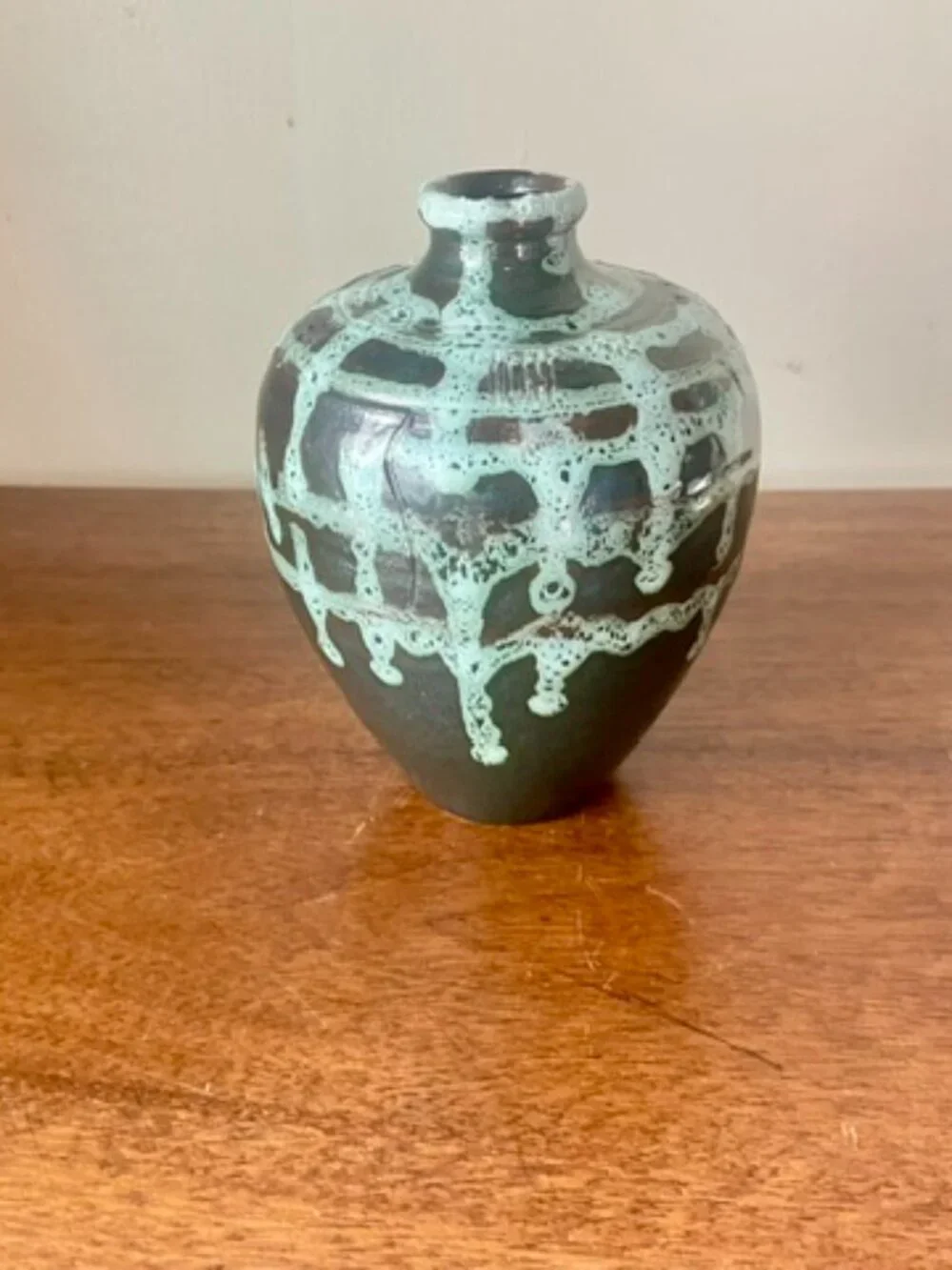 MCM European Vase VTG Dark Matte Base w/Textured Turquoise Drip Glaze